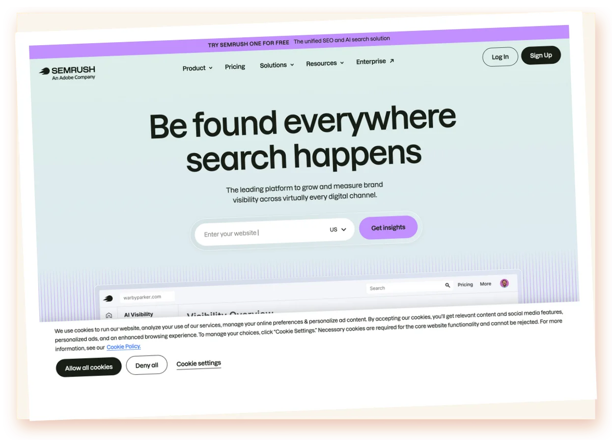 Panel de Semrush con el módulo de visibilidad en IA integrado al resto del SEO